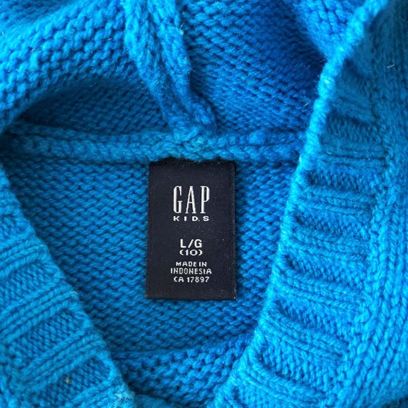 Gap blue knit sweater with white / cream snowflake design & hood, size L / 10 - Picture 3 of 3